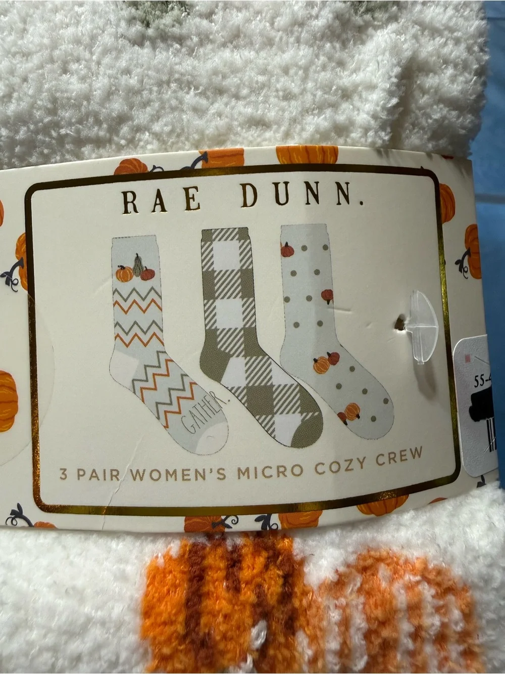 3 pairs Rae Dunn Cream Cozy Crew Socks Orange & Green Zigzags Fall Theme NWT